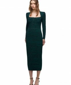 Self-portrait Green And Black Ribbed Knit Dress