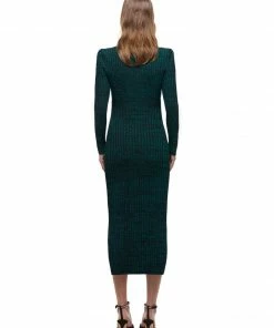 Self-portrait Green And Black Ribbed Knit Dress