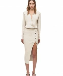 Self-portrait Cream Ribbed Knit Midi Dress READY TO WEAR