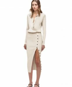 Self-portrait Cream Ribbed Knit Midi Dress READY TO WEAR