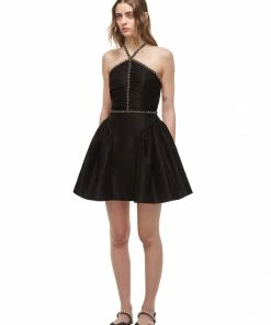 Self-portrait READY TO WEAR Black Taffeta Diamante Trim Mini Dress