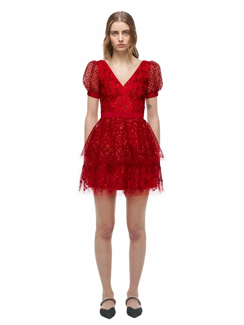 Self-portrait Red Grid Sequin Mini Dress READY TO WEAR