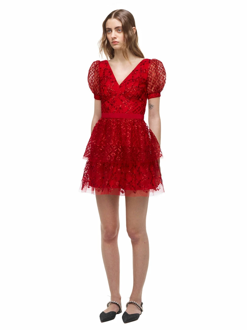 Self-portrait Red Grid Sequin Mini Dress READY TO WEAR