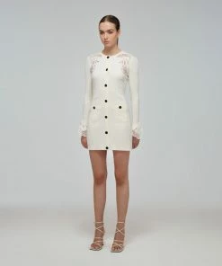 Self-portrait READY TO WEAR Ivory Inserted Lace Ribbed Knit Buttoned Dress