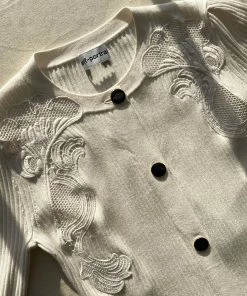 Self-portrait READY TO WEAR Ivory Inserted Lace Ribbed Knit Buttoned Dress