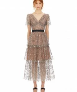 Self-portrait READY TO WEAR Leaf Sequin Midi Dress