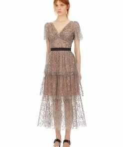 Self-portrait READY TO WEAR Leaf Sequin Midi Dress