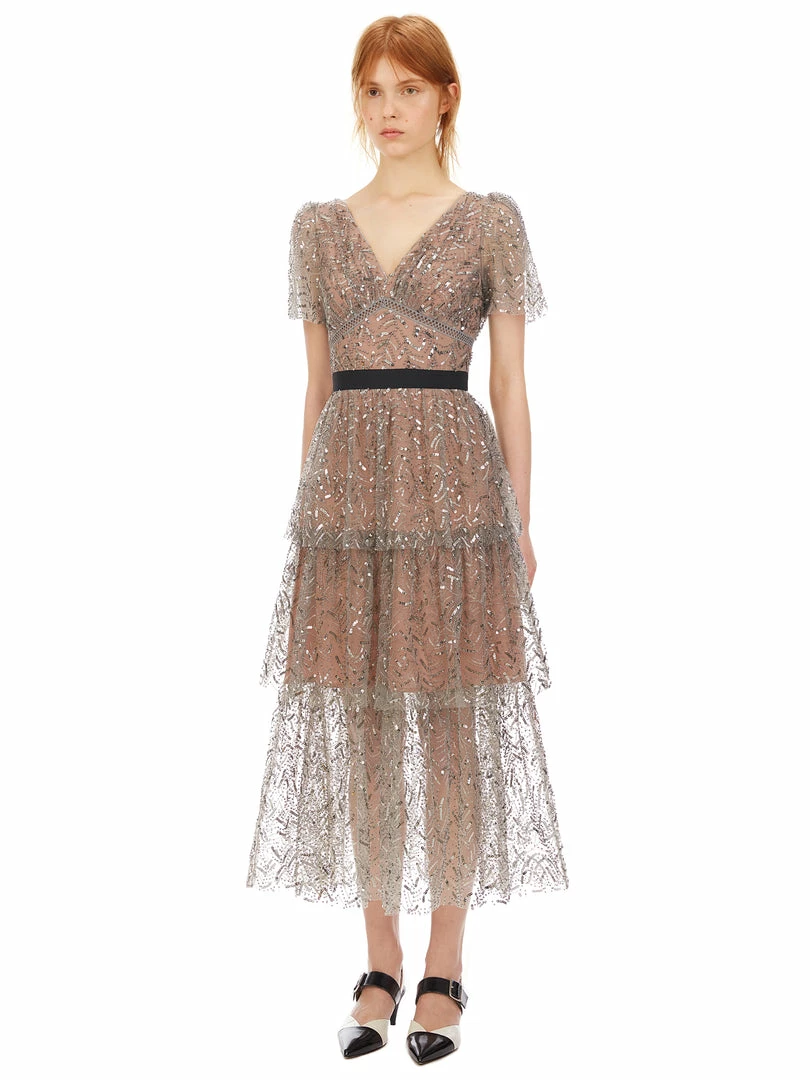 Self-portrait READY TO WEAR Leaf Sequin Midi Dress