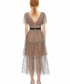 Self-portrait READY TO WEAR Leaf Sequin Midi Dress