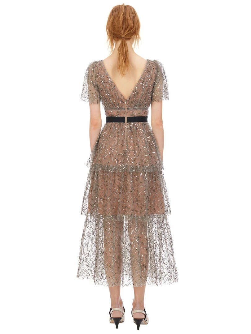 Self-portrait READY TO WEAR Leaf Sequin Midi Dress