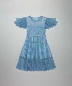 Self-portrait KIDS Blue Dot Mesh Trim Midi Dress