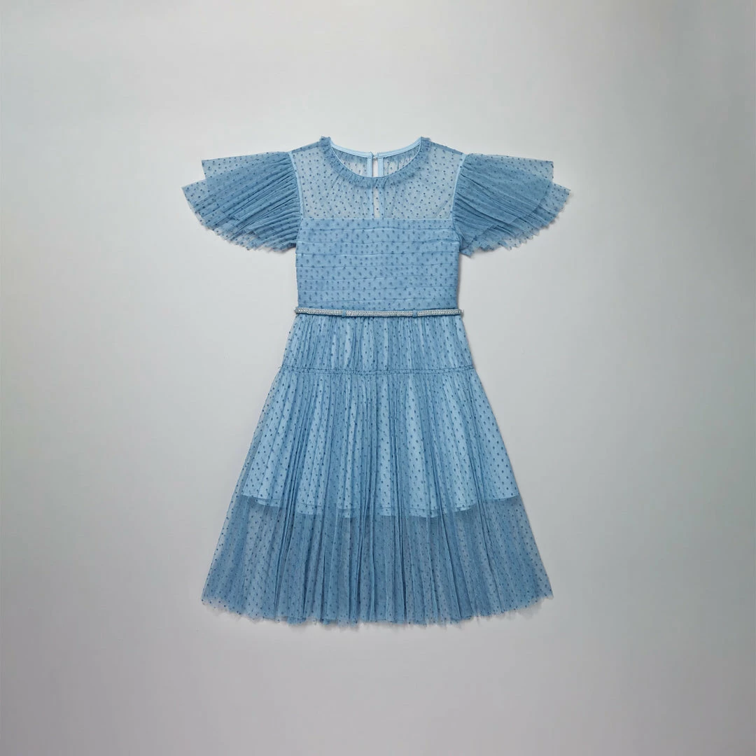Self-portrait KIDS Blue Dot Mesh Trim Midi Dress