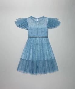 Self-portrait KIDS Blue Dot Mesh Trim Midi Dress