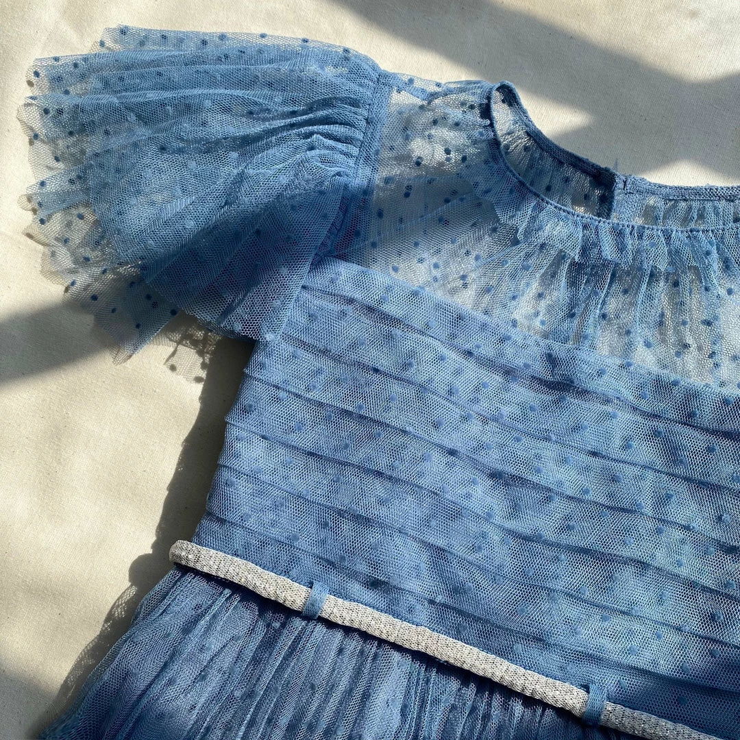 Self-portrait KIDS Blue Dot Mesh Trim Midi Dress