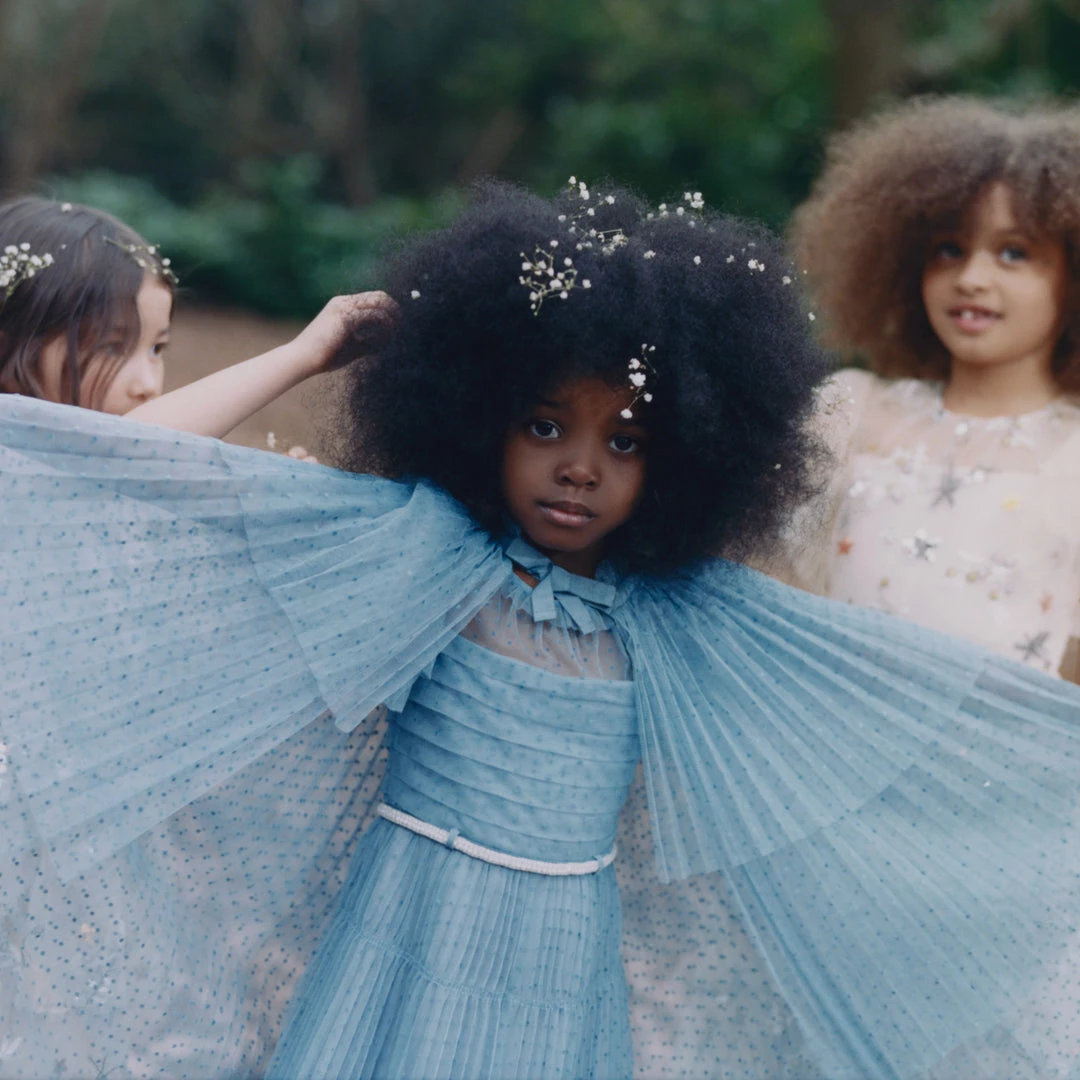 Self-portrait KIDS Blue Dot Mesh Trim Midi Dress