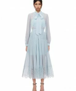 Self-portrait Pale Blue Chiffon Trimmed Dress READY TO WEAR