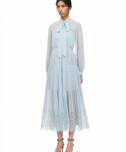 Self-portrait Pale Blue Chiffon Trimmed Dress READY TO WEAR