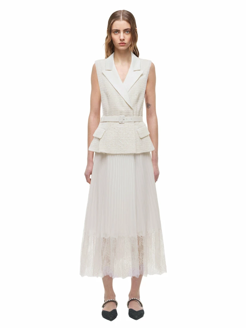 Self-portrait Sleeveless Tailored Boucle And Chiffon Midi Dress