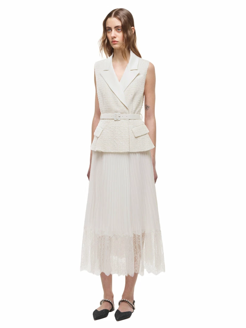 Self-portrait Sleeveless Tailored Boucle And Chiffon Midi Dress