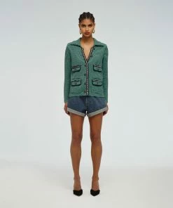 Self-portrait Green Stripe Knit Collar Cardigan READY TO WEAR