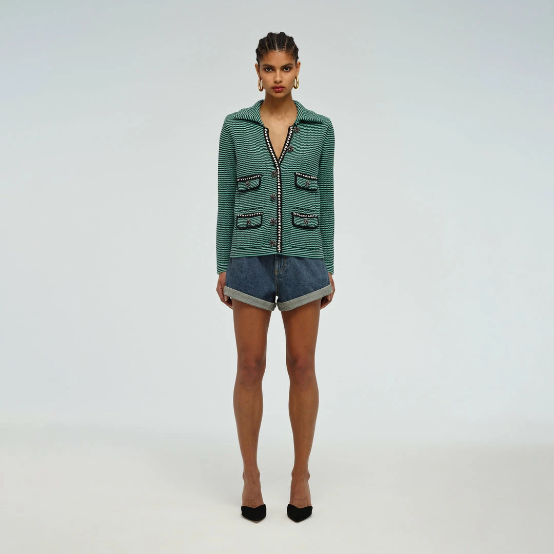 Self-portrait Green Stripe Knit Collar Cardigan READY TO WEAR