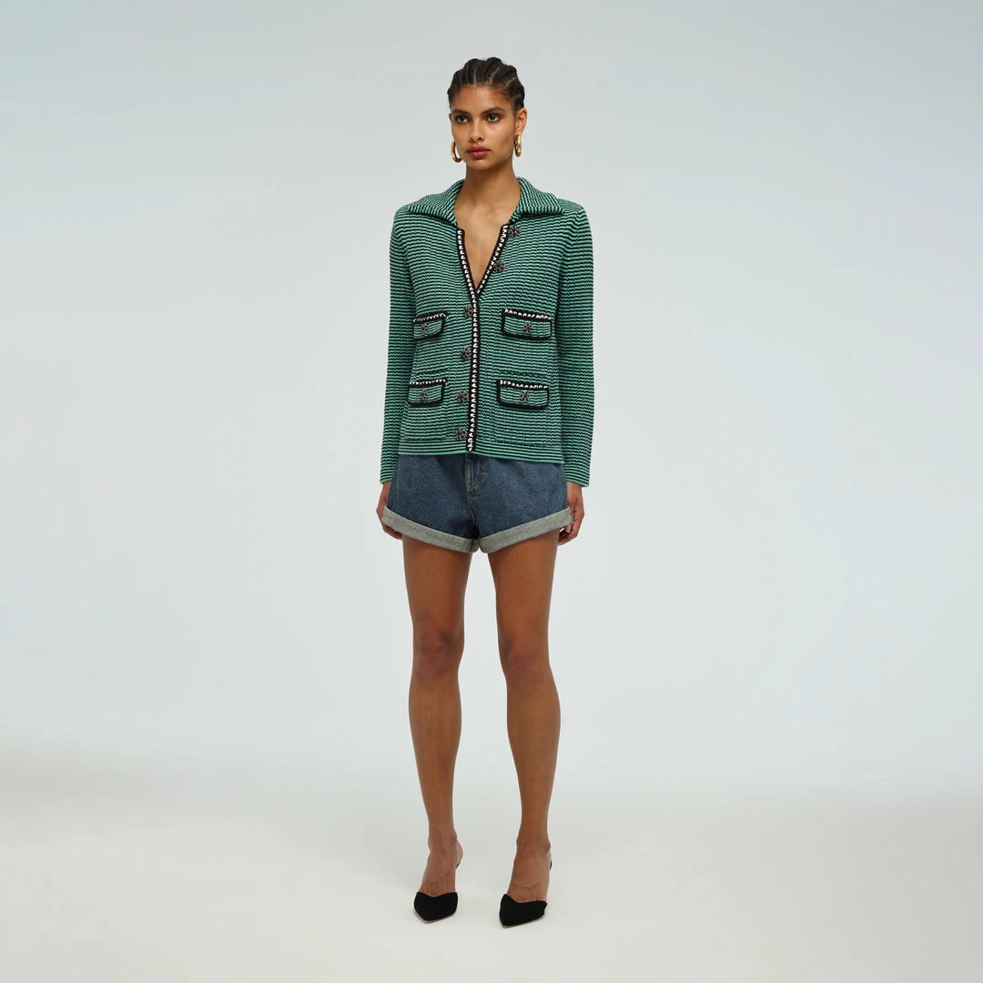 Self-portrait Green Stripe Knit Collar Cardigan READY TO WEAR