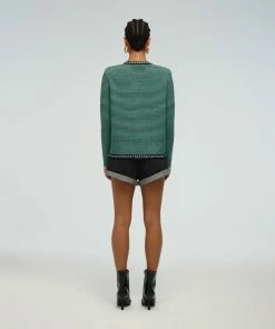Self-portrait Green Stripe Knit Collar Cardigan READY TO WEAR