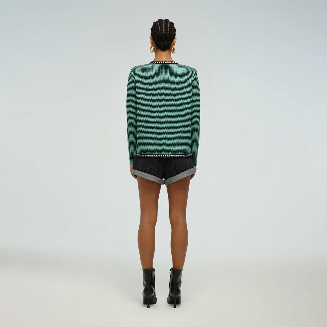 Self-portrait Green Stripe Knit Collar Cardigan READY TO WEAR