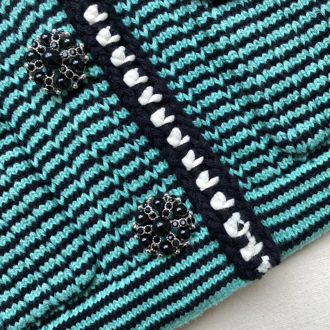 Self-portrait Green Stripe Knit Collar Cardigan READY TO WEAR