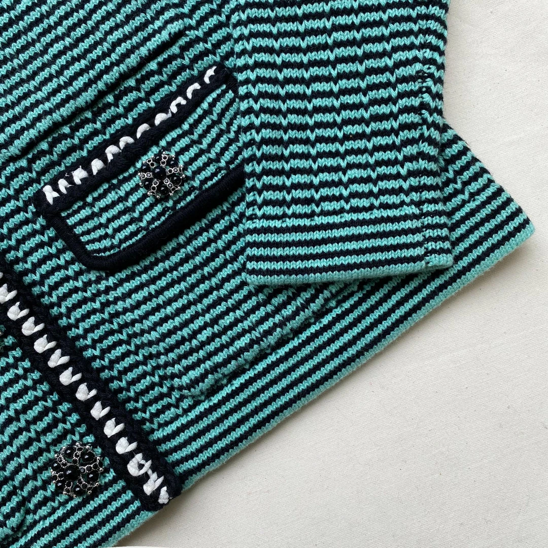 Self-portrait Green Stripe Knit Collar Cardigan READY TO WEAR