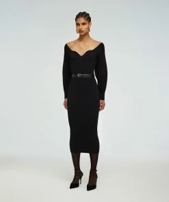 Self-portrait READY TO WEAR Black Off Shoulder Knit Dress