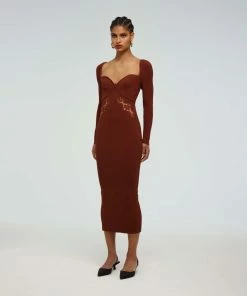 Self-portrait Brown Lace Applique Knit Dress READY TO WEAR