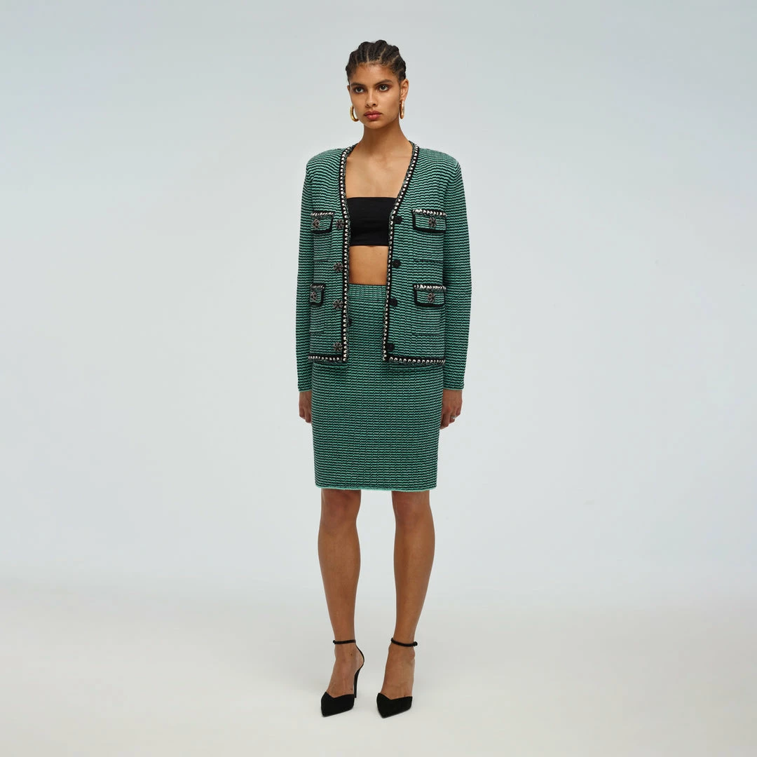 Self-portrait Green Stripe Knit Cardigan READY TO WEAR