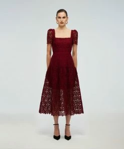 Self-portrait READY TO WEAR Burgundy Guipure Lace Midi Dress