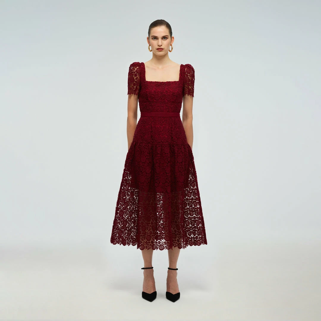 Self-portrait READY TO WEAR Burgundy Guipure Lace Midi Dress