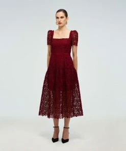 Self-portrait READY TO WEAR Burgundy Guipure Lace Midi Dress