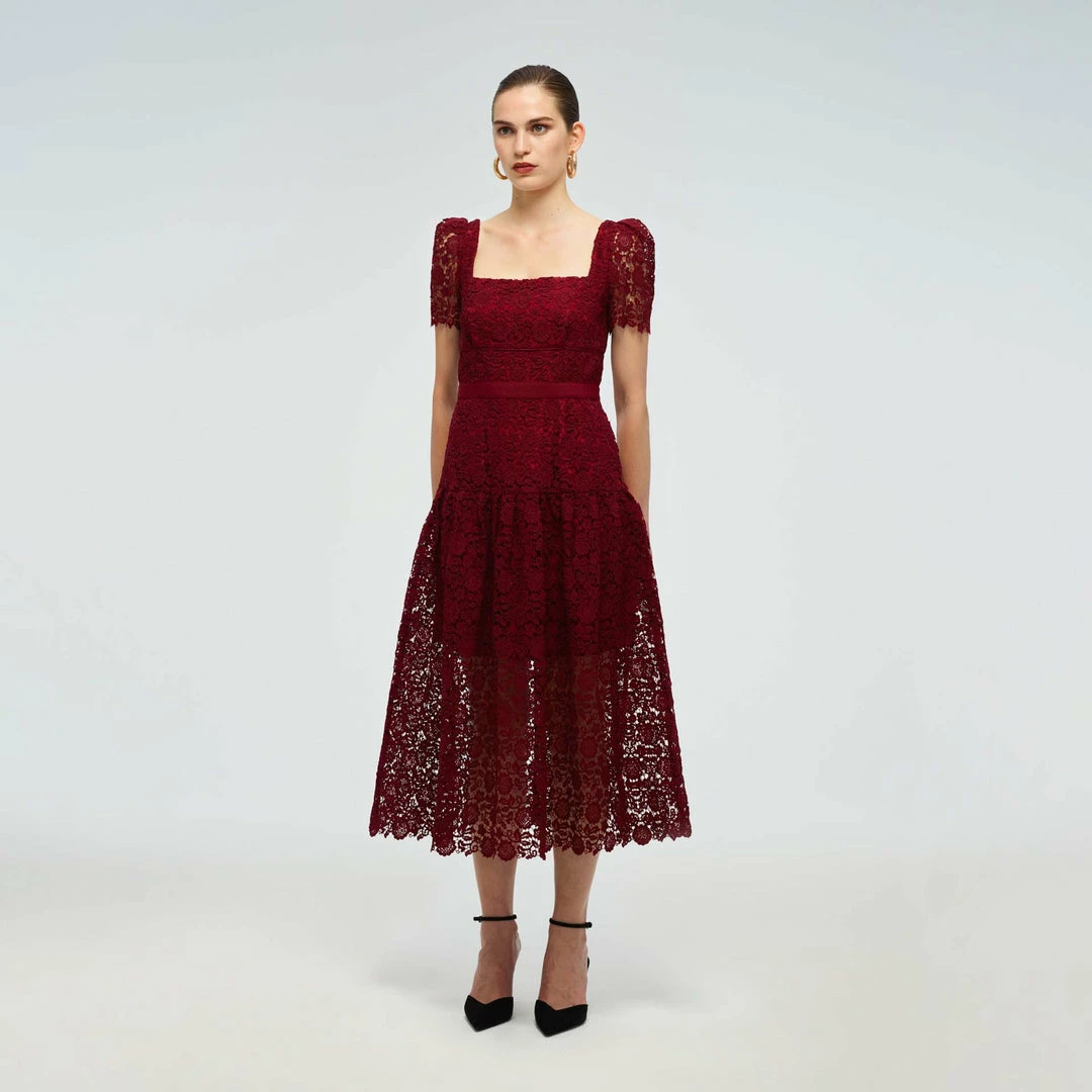 Self-portrait READY TO WEAR Burgundy Guipure Lace Midi Dress