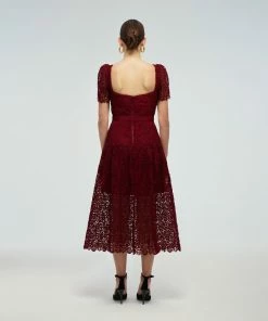 Self-portrait READY TO WEAR Burgundy Guipure Lace Midi Dress