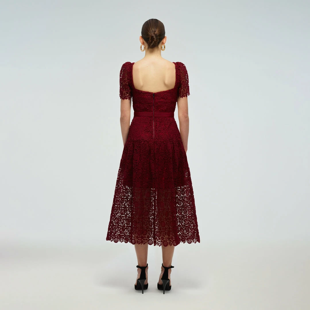 Self-portrait READY TO WEAR Burgundy Guipure Lace Midi Dress
