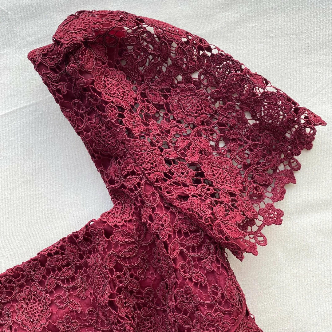 Self-portrait READY TO WEAR Burgundy Guipure Lace Midi Dress