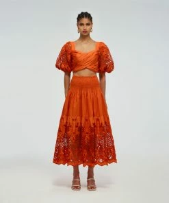 Self-portrait Lattice Embroidered Crossover Cotton Top