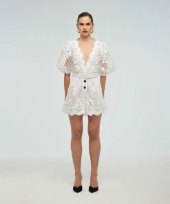Self-portrait READY TO WEAR Lattice Embroidered Cotton Playsuit