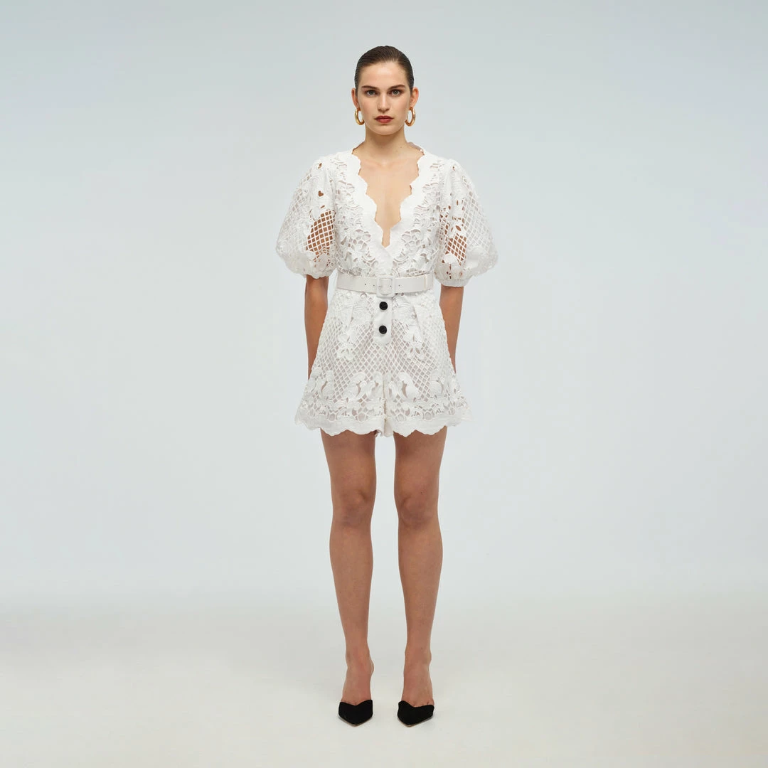 Self-portrait READY TO WEAR Lattice Embroidered Cotton Playsuit