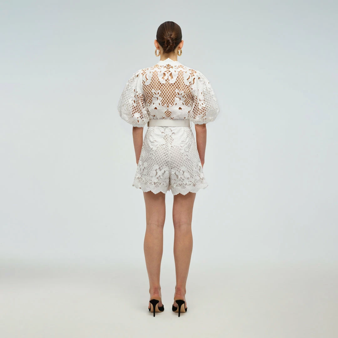 Self-portrait READY TO WEAR Lattice Embroidered Cotton Playsuit