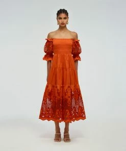 Self-portrait READY TO WEAR Lattice Embroidered Cotton Midi Dress