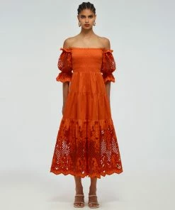 Self-portrait READY TO WEAR Lattice Embroidered Cotton Midi Dress