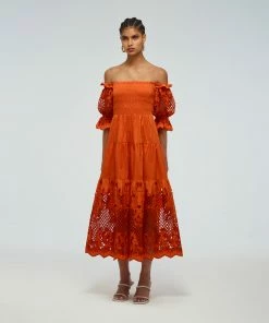 Self-portrait READY TO WEAR Lattice Embroidered Cotton Midi Dress