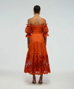 Self-portrait READY TO WEAR Lattice Embroidered Cotton Midi Dress