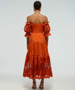 Self-portrait READY TO WEAR Lattice Embroidered Cotton Midi Dress