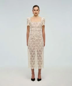 Self-portrait READY TO WEAR Ivory Guipure Fitted Midi Dress
